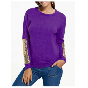 Sequin Panel Pullover Knit Sweater - Purple